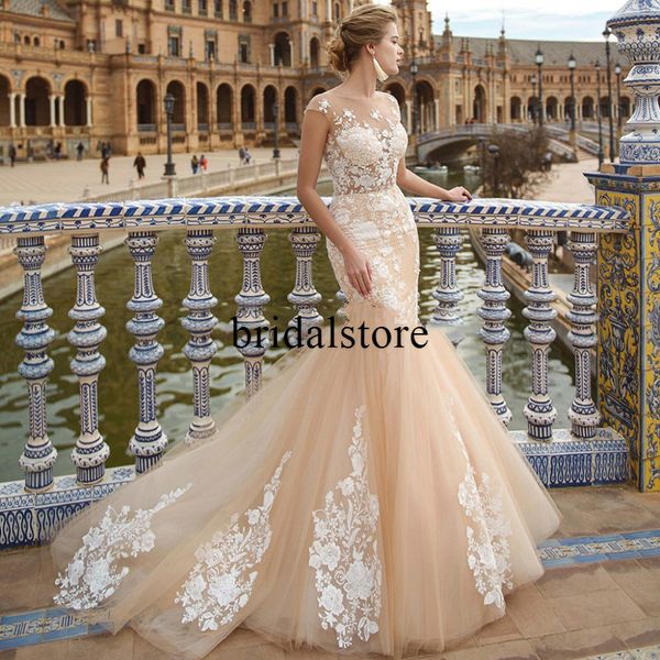 

see through gold lace wedding dresses 2021 elegant mermaid trumpet beach wedding dress backless plus size country bridal wedding gowns, White