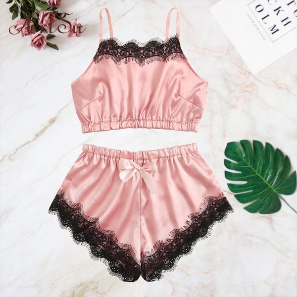 

artsu 2 pieces satin lace bustier cami and panty set women homewear crop intimates lingerie set pajames asbs60630, Gray