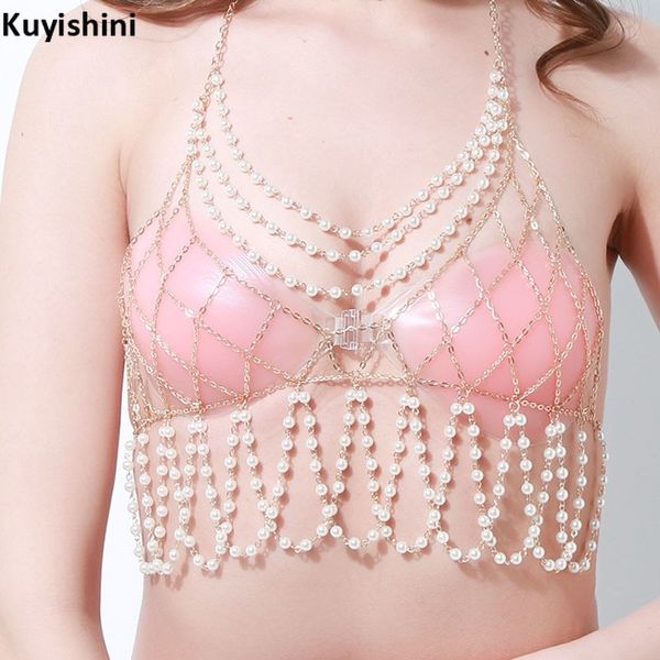 

bohemia imitation pearl bras bikini chain vintage beads necklace body chest chains for women beach party charm jewelry t200508, Silver