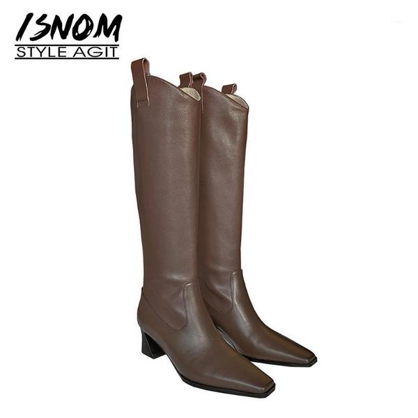 

boots isnom ladies genuine leather knee fashion shaped heel square toe block western winter and autumn 20211, Black