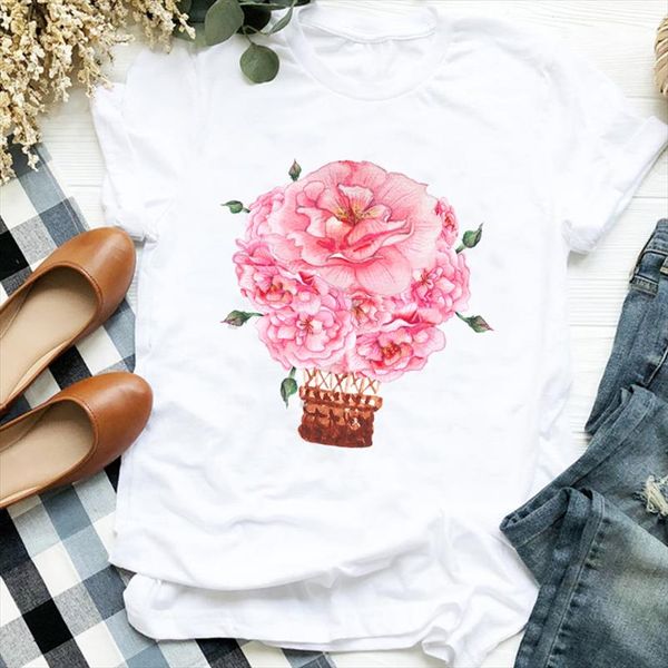 

women lady floral flower elegant trend aesthetic clothing 90s print tshirt female t tee womens shirt clothes graphic t shirt, White