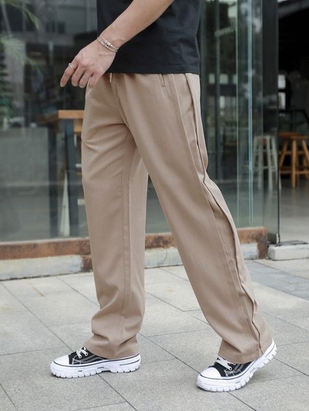 

men slant pockets drawstring waist pants f4n6#, Black