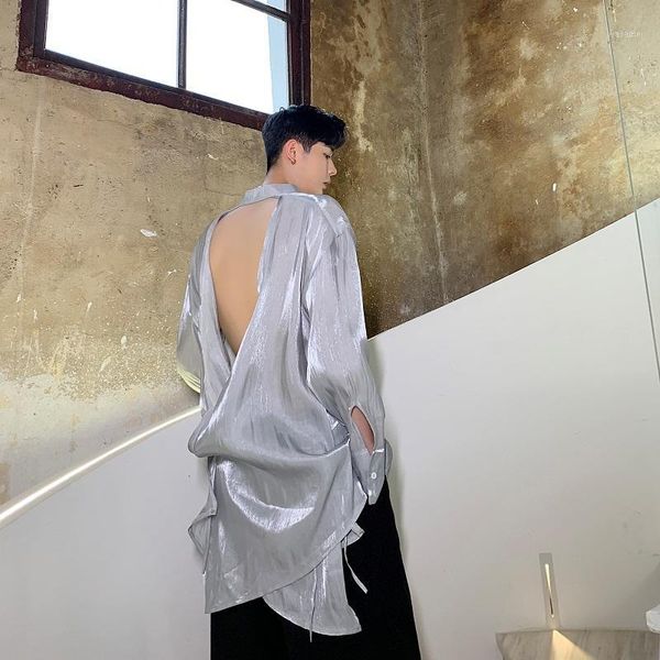 

2020 men fashion trends open back long sleeve casual couple shirts male streetwear hip hop punk gothic party night club shirt1, White;black