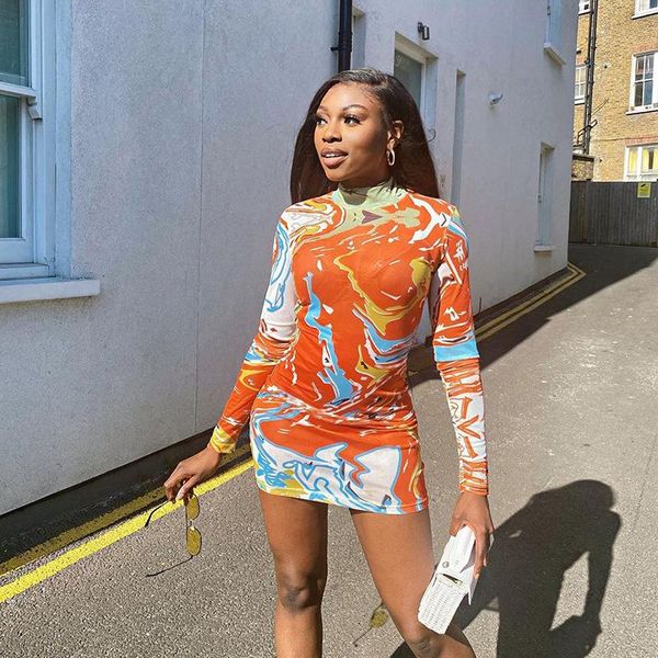 

fashion trendy women bodycon dress female colorful print long sleeve mock neck slim fit mini dress clubwear outfits, Black;gray