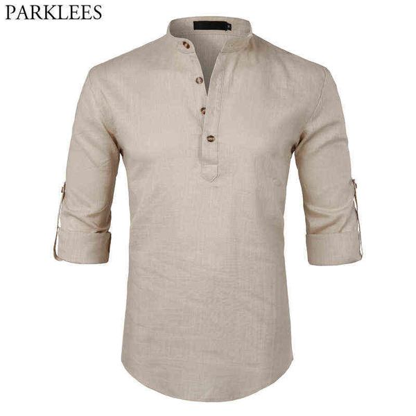 Mens Casual Cotton Linen Henley Shirt 2018 Brand New Roll-up Sleeve Dress Shirt Male Slim Fit Long Sleeve Camisa Masculina Beige G0105