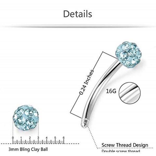 

2pcs stainless steel eyebrow piercing ring crystal curved glitter eyebrow helix piercing labret ear women body pircing jewelry f jllubu, Silver