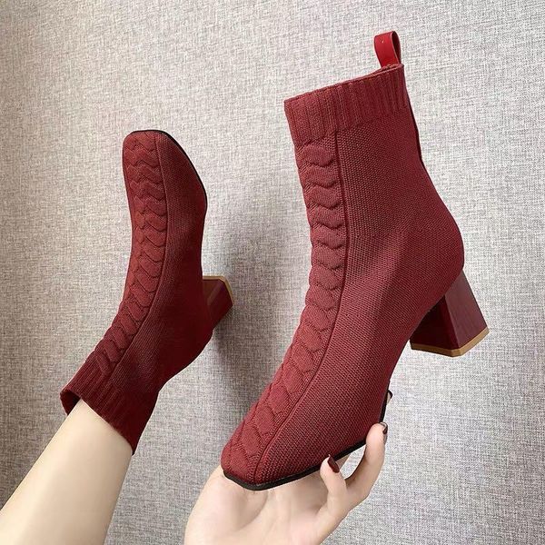 

boots autumn pointed thick heel socks women's single boot middle tube elastic high short1, Black