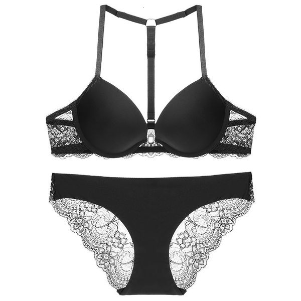 

small chest upper bracket gathered thick cup bra front button y-word beautiful back lace underwear suit, Red;black