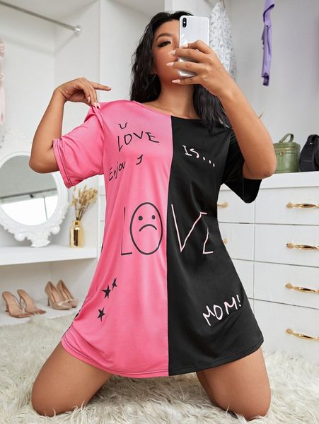 

plus two tone letter graphic nightdress 229k#, Black;white