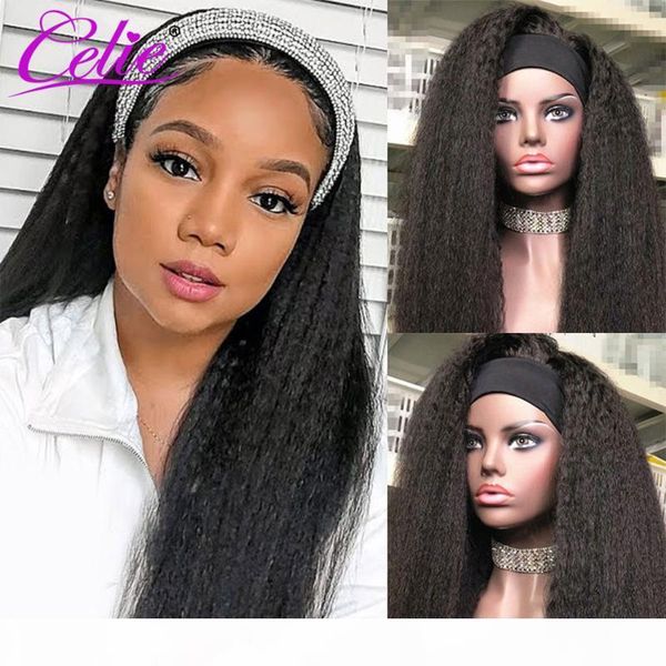 

celie hair headband wig kinky straight wig glueless 150% ice silk scarf headband human hair wigs for black women, Black;brown