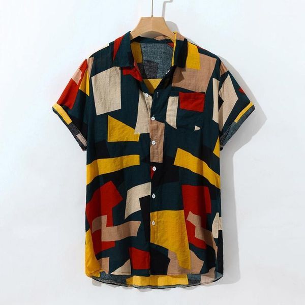 

cotton hawaiian shirt men turn down collar geometric print summer shirts 2019 casual streetwear mens clothing camisa masculina1, White;black