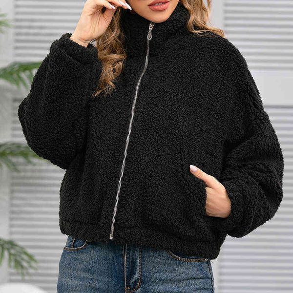 

women's fur drawstring hem o-ring zipper teddy jacket 220118, Black