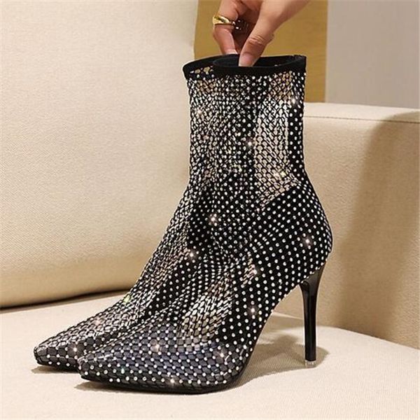 

fashion summer rhinestone mesh ankle boots stiletto high heels female pointed toe crystal mesh shoes sandals plus size 34-42, Black