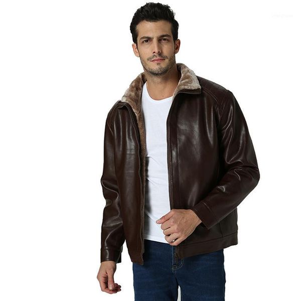 

winter jacket men faux leather coat with fur plush warm jackets luxury man clothing slim leather coats black brown kaban erkek1