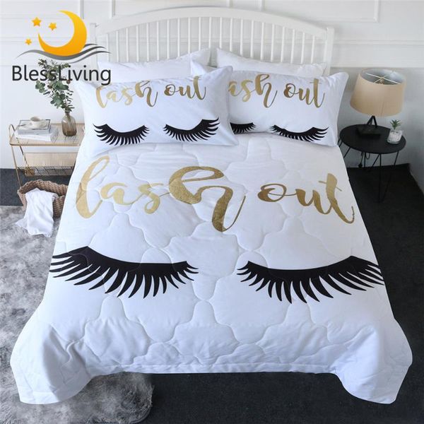 

blessliving eyelash thin quilt gold and black summer blanket 3-piece cute eyes comforter for gilrs microfiber funny edredones