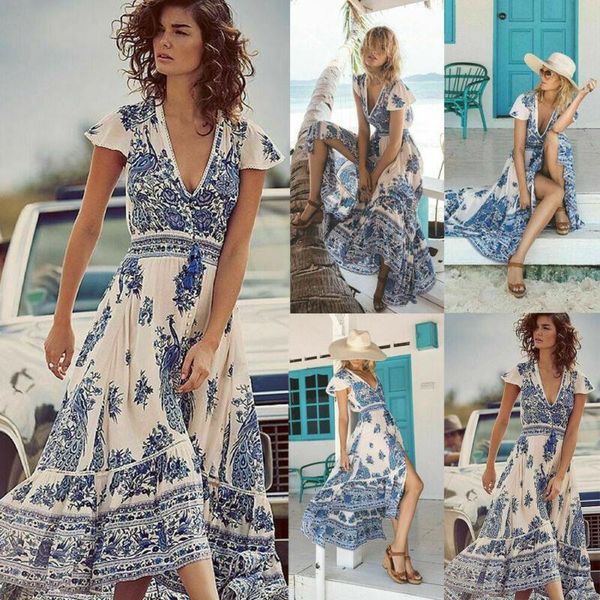 

summer women floral printed vestidos fashion boho dress 2019 new vintage floral casual loose party beach long dress, Black;gray