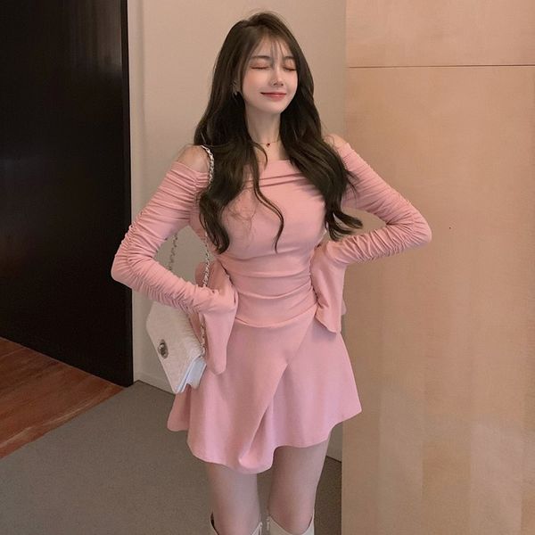 

autumn 2020 new style long sleeve one line collar small with waist closing and thin temperament dress for women