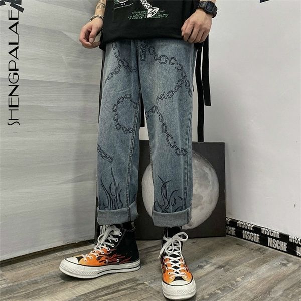 

shengpalae 2020 new autumn casual jeans woman long trousers cowboy female loose streetwear graffiti flame print pants lj201029, Blue