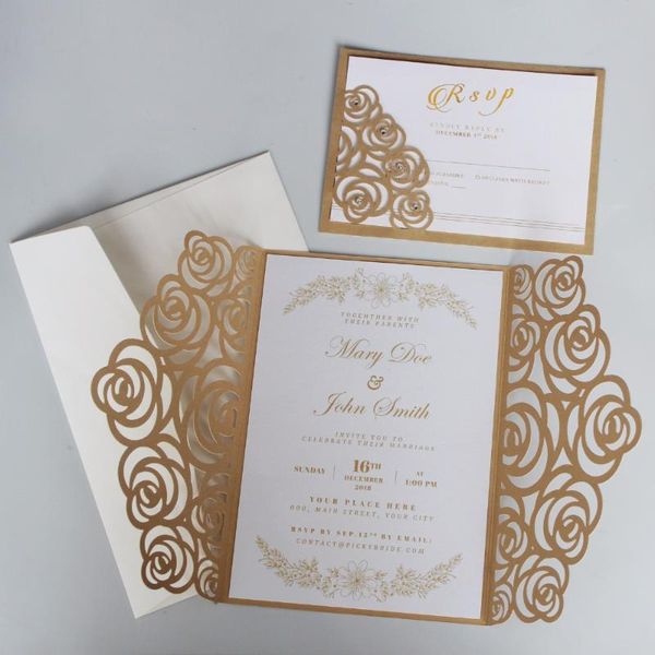 

gold rose wedding invitations, luxury wedding invite, shiny invitation cards with customized wording - set of 50 pcs