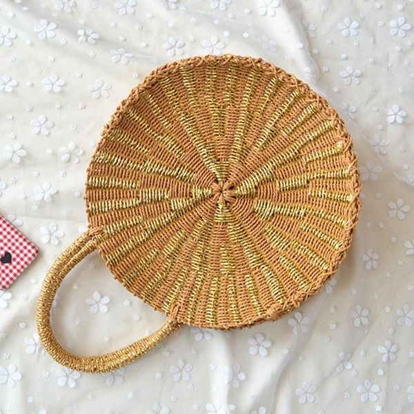

woven round handbag retro straw knitted lady handbag summer beach tote circle bag