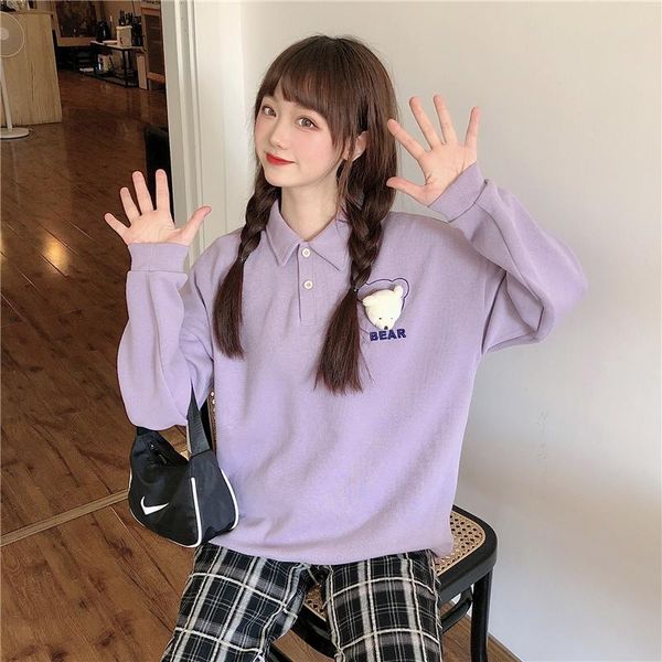 

women's hoodies & sweatshirts kawaii collar oversized women korean trendy autumn bear print sweatshirt loose harajuku long sleeve, Black