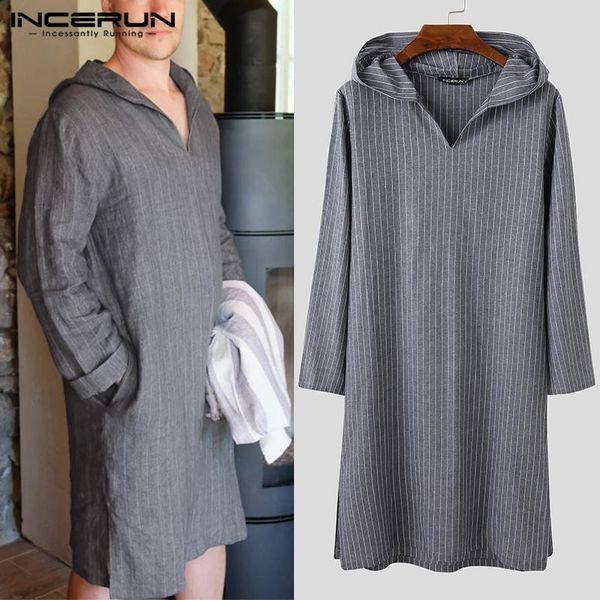 

vintage long sleeve v neck hooded homewear incerun men striped bathrobes leisure pockets cotton sleep robes mens nightgown s-5xl, Black;brown