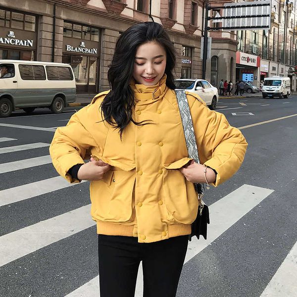 

parkas female winter covered button short women's jacket plus size korean style stand collar solid thick loose coat ladies 201014, Black