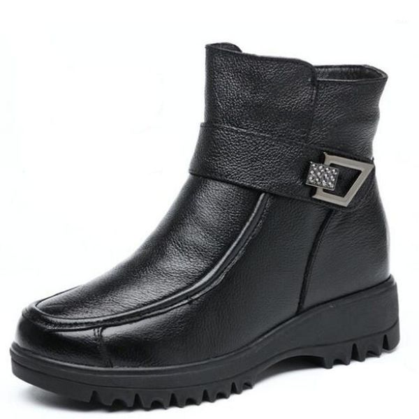 

new winter snow boots fashion rhinestone cowhide leather shoes woman wool boots non-slip warm winter wedges flat1, Black