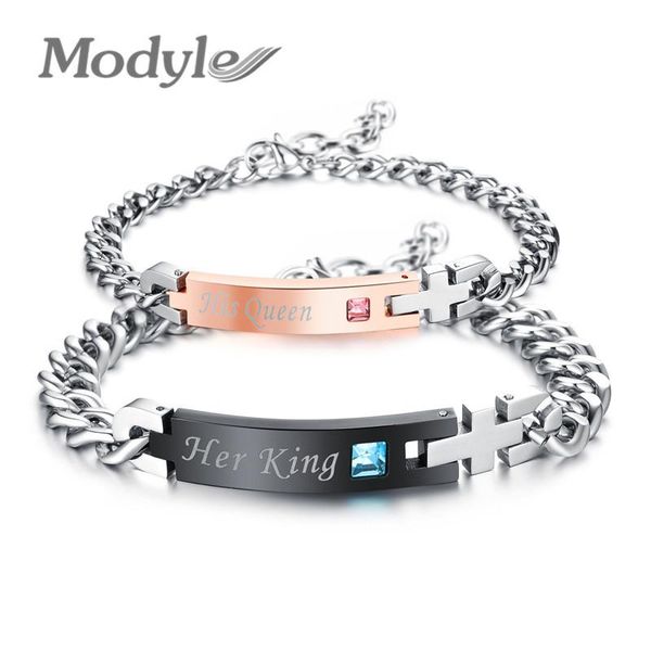 

modyle unique gift for lover "his queen""her king " couple bracelets stainless steel bracelets for women men jewelry, Black