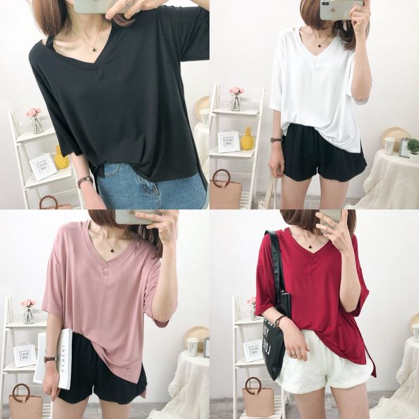 

large irregular large v-neckthe shoulder loose and thin t-shirt sling modal one shoulder sling medium long short sleeve t-shirt for women tm, White