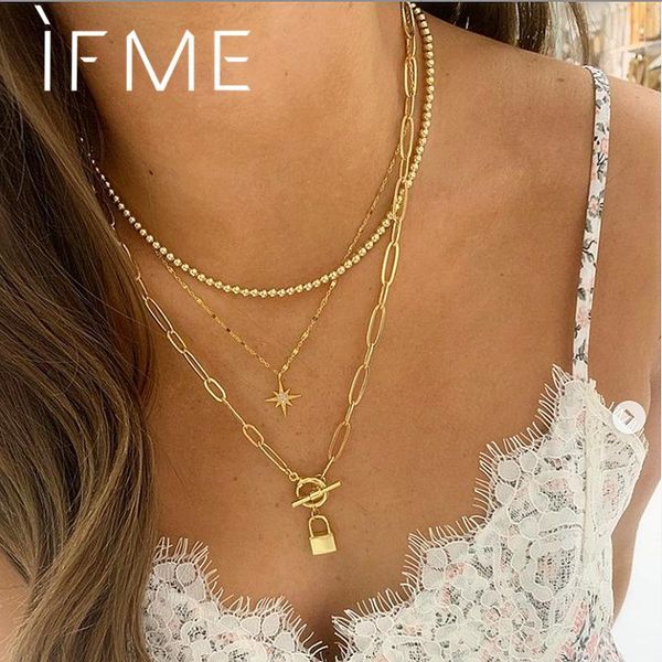 

pendant necklaces if me bohemian multilayers beads lock star for women fashion gold color long chain necklace female jewelry, Silver
