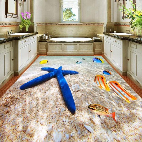 

пользовательские 3d пола роспись обои ocean beach starfish пола наклейка на стене живопись детская комната ванная комната водонепроницаемые