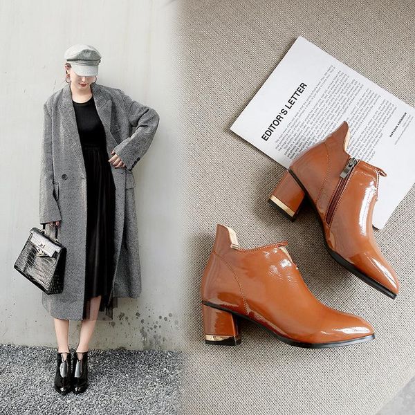 

boots est women ankle female fashion pu leather med heels shoes plus size pointed toe, Black