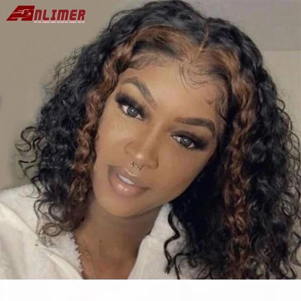 

150% short wave bob human hair wig 8-16 inch highlight colored short curly bob brazilian remy hair per plucked bleached knots, Black;brown