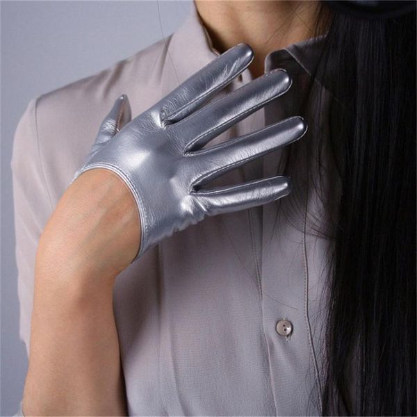 

five fingers gloves women' 13cm ultra-short patent leather simulation mirror bright silver thin section qpy13, Blue;gray