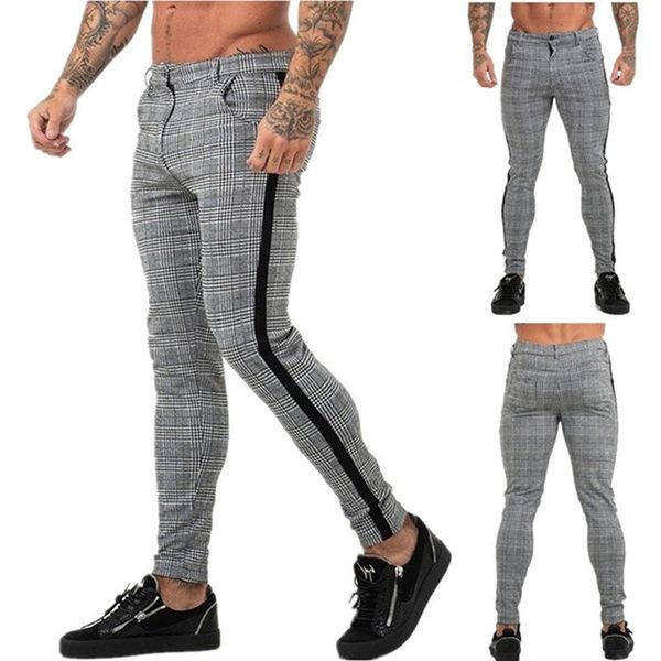 

casual mens chinos cotton slim fit men pants trousers skinny chinos pants grey ankle length streetwear plaid side stripe, Black