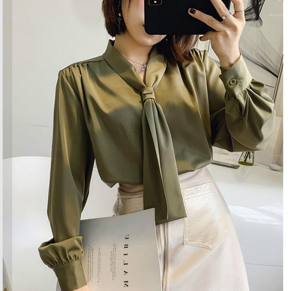 

2020 autumn lady work wear satin blouses long sleeve femme bow tie satin shirts woman army green 1, White