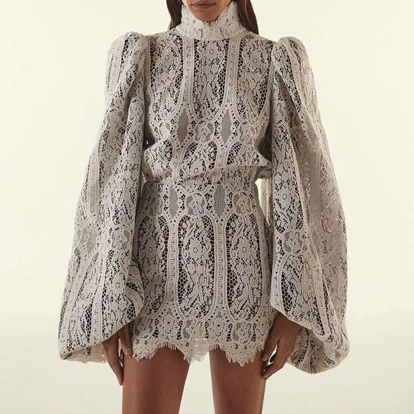 

fall 2020 latest petal half turtleneck lantern sleeve lace lace-collared blouse high waist sheath skirt suit women, White