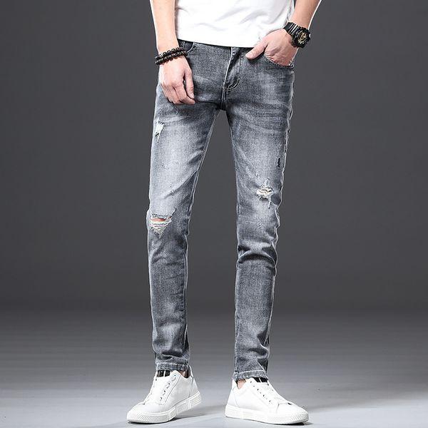 

male brem 2020 new fine stretch section thin jeans youth feet korean hole pants casual size 28-34 36 7uab, Blue
