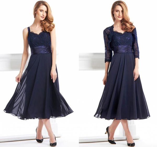 2022 Dark Navy Mutter der Braut Kleid mit Jacke Vintage V-ausschnitt Tee Länge Chiffon Spitze Bräutigam Party Kleider Robe de Soiree