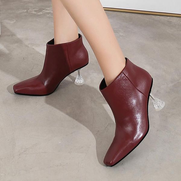 

2020 new autumn and winter square head crystal ankle boots high heels fashion booties wine red high heel women's boots boty obuv, Black