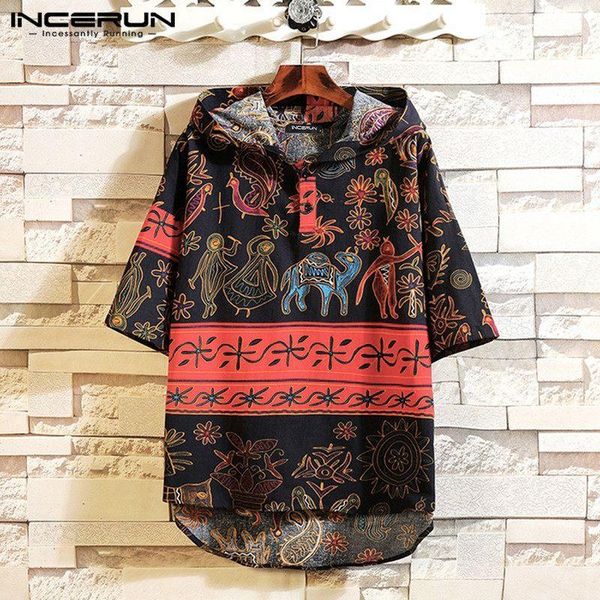 

men's t-shirts incerun ethnic style printed t shirt men hooded vintage half sleeve cotton pullovers chic button 2021 streetwear mens t-, White;black