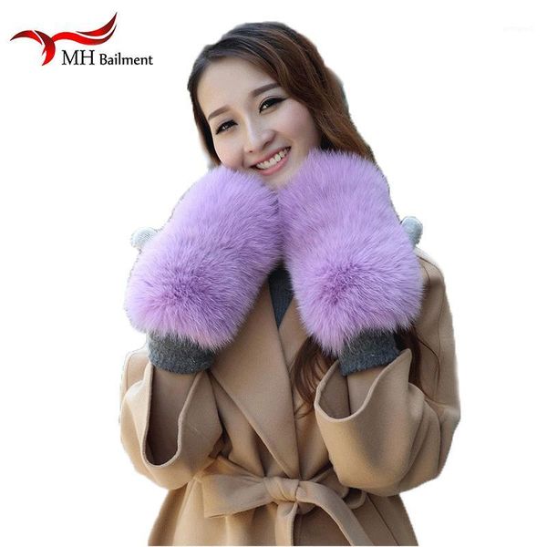 

five fingers gloves mittens winter lined women genuine fur glove solid removable chain a91, Blue;gray