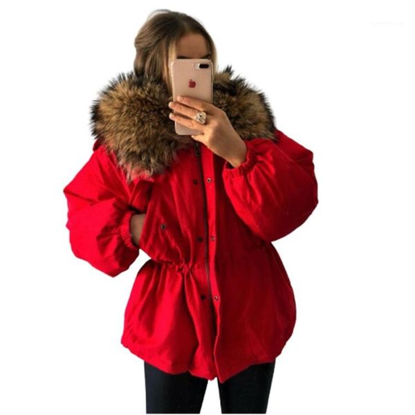 

winter jacket long sleeve zipper drawstring waist down outwear ladies solid color coats women fur collar, Black;brown