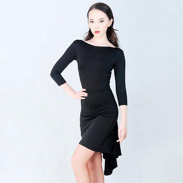 

slim latin dress black mid-sleeve salsa tango rumba practice dance wear ballroom samba cha cha performance dancing outfit dc167411, Black;red