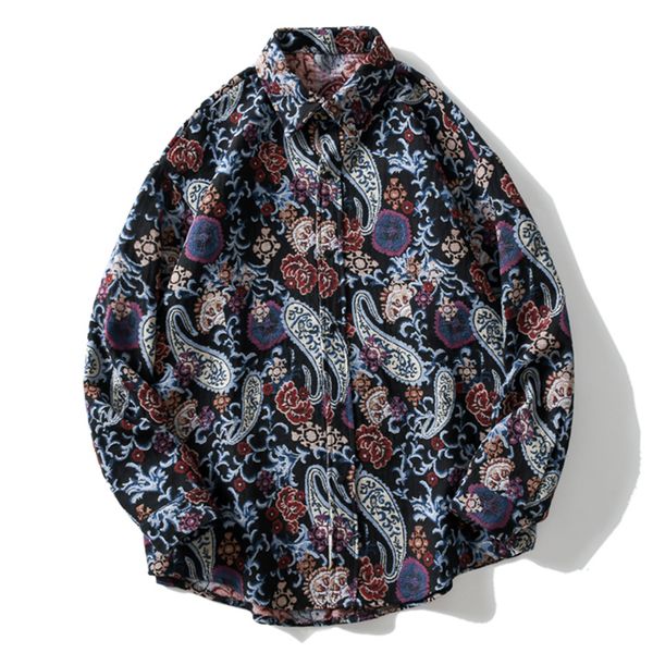 

2021 new hip hop retro ethnic embroidery long sleeve men streetwear button winter harajuku national floral knitted shirt q35l, White