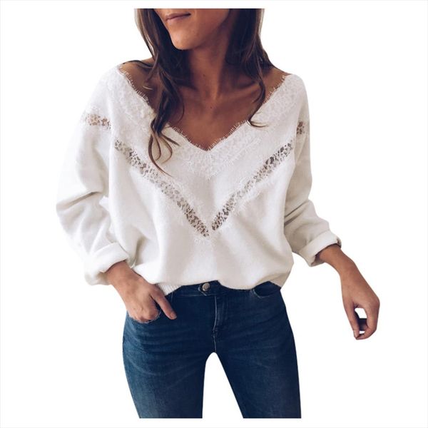 

women blouse fashion winter long sleeve v neck lace slim pullover loose women and blouses lantern sleeve roupas feminina 38, White