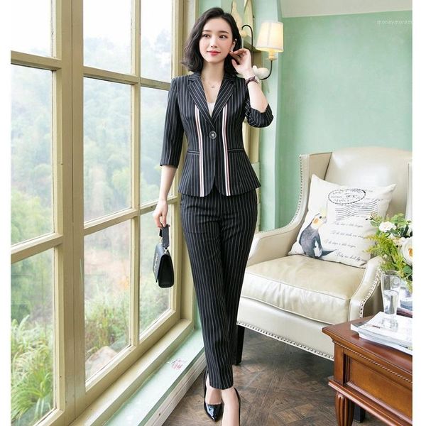 

women's two piece pants ladies black striped blazer women business suits formal office work wear clothes pant and jacket sets1, White