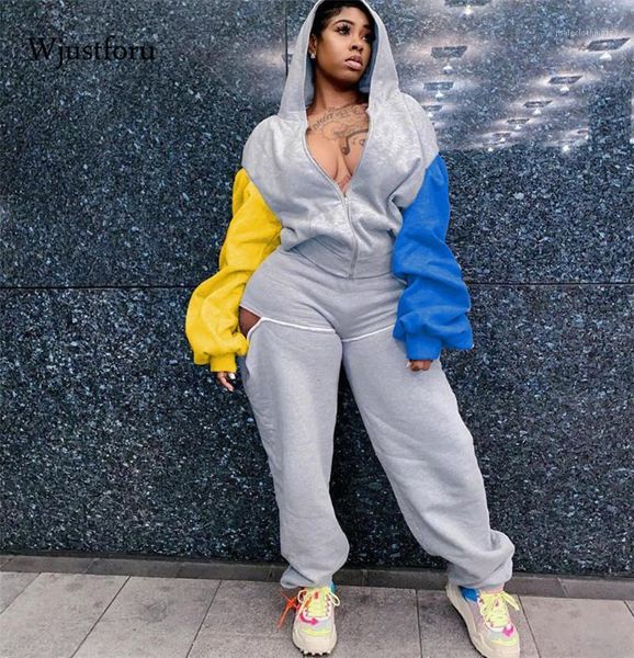 

women's tracksuits wjustforu hole off shoulder 2 piece sets womens outfits zip hooded casual high waist sweatpants 2021 winter clothes, Gray