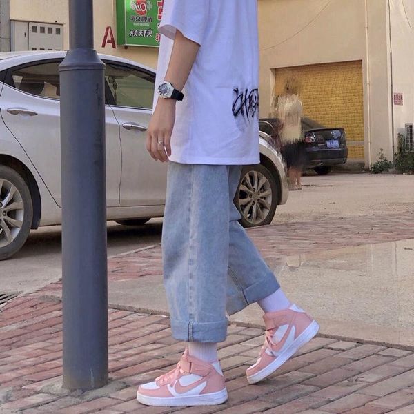 

thin and versatile autumn and winter new autumn ins high waisted students loose wide leg straight jeans children trend, Blue